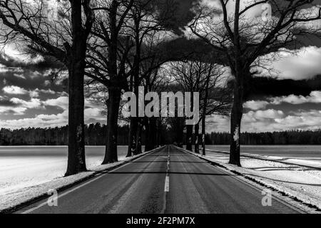 Landstraße Nr. L73 im Winter in Deutschland, zwischen dem Dorf Jaenickendorf und dem kleinen Dorf Holbeck, Gefahr der Glätte durch Schnee für Kraftfahrzeuge Stockfoto