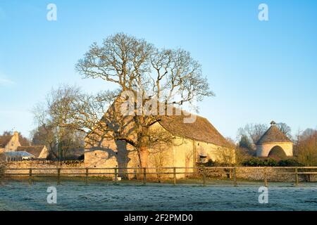 Sonnenaufgangslicht auf einem Winterbaum vor einer Scheune im Frost. Minster Lovell, Oxfordshire, England Stockfoto