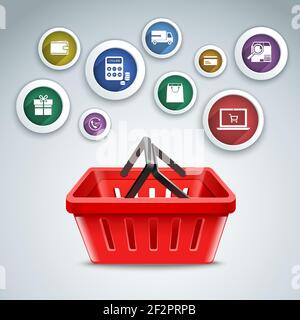 Online-Lieferung und c-Commerce runde Icons Set mit Warenkorb Vektor-Illustration. Stock Vektor