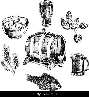 Dekorative Bier-Snack-Bar Pint Glas mit Kartoffelchips Ikonen Skizze Doodle abstrakten Vektor isolierte Illustration setzen Stock Vektor