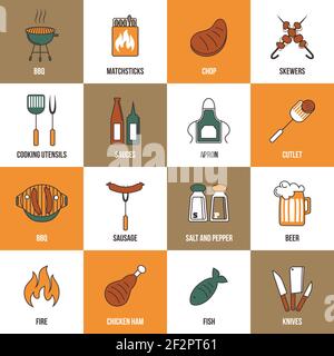 BBQ Grill Party Utensil flat line Icons Set mit Bier Hühnersalz und Pfeffer isoliert Vektor-Illustration Stock Vektor