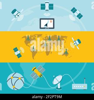 Satellitensymbole Zusammensetzung der globalen Navigation Bodenstationen und Schale Kommunikationstechnologie Banner flach isoliert Vektor Illustration Stock Vektor