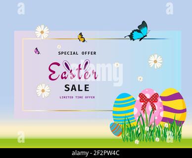 Osterangebot Banner mit Schmetterling, Gänseblümchen, Eiern und Gartengras mit Handschriftzug und osterei für den Frühlingsurlaub Shopping Stock Vektor