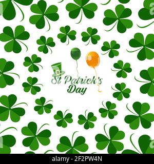 Happy Saint Patrick's Day Grüße mit orangefarbenen und grünen Baloons, grüner Hut von Klee umgeben Stock Vektor