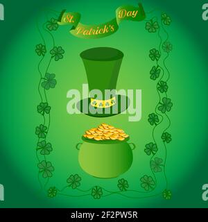 Happy Saint Patrick's Day Grußvorlage mit Hut, Topf mit Goldmünzen, Klee auf grünem Hintergrund für Poster, Banner Stock Vektor