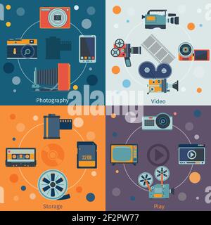 Foto Video Symbole flache Reihe von Fotografie Speicher spielen isoliert vektorgrafik Stock Vektor