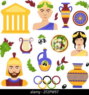 Griechenland dekorative Ikonen Set mit antiken Tempel Salat Olivenöl Isolierte Vektordarstellung Stock Vektor