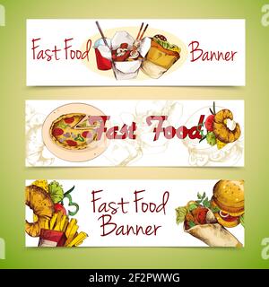 Fast Food Skizze horizontale Banner mit pommes Frites Huhn gesetzt Sandwich isolierte Vektorgrafik Stock Vektor