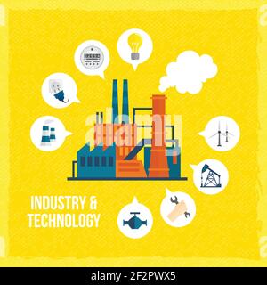 Fabrikbauindustrie und Technologiekonzept mit Manufaktur und Industrie Symbole Vektordarstellung Stock Vektor