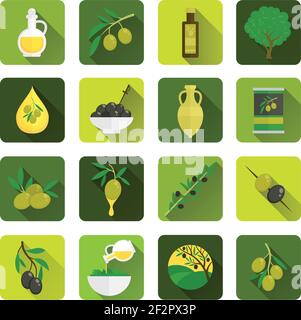 Natürliche Bio Oliven flach lange Schatten Symbole mit Baum gesetzt Isolierte Vektorgrafik Ölzweig-Blatt Stock Vektor