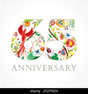 65 Jahre alt luxuriös feiern Folk-Logo. Vorlage farbige 65 th Happy Jahrestag Grüße, Ethnien Blumen, Pflanzen, Paradies Vögel. Traditionell Stock Vektor