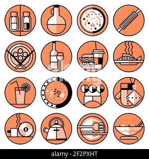 Food Küche und Kochlinie Symbole mit Pizza Sushi gesetzt Salat isoliert Vektor-Illustration Stock Vektor