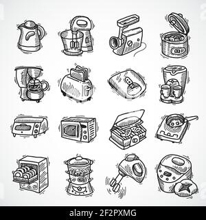 Küchenausstattung und Geräte Skizze dekorative Symbole Set mit Toaster Isolierte Vektorgrafik für den Mixer der Kaffeemaschine Stock Vektor