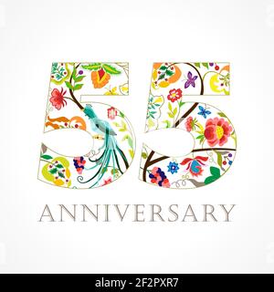55 Jahre alt luxuriös feiern Folk-Logo. Vorlage farbige 55 th Happy Jahrestag Grüße, Ethnien Blumen, Pflanzen, Paradies Vögel. Traditionell Stock Vektor