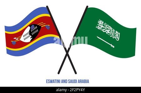 Eswatini und Saudi-Arabien Flaggen gekreuzt und winken Flat Style. Offizieller Anteil. Korrekte Farben. Stockfoto