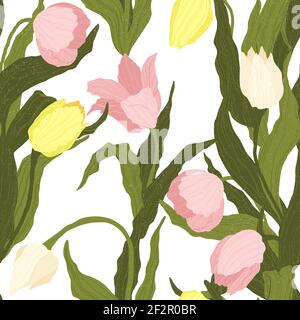 Nahtloses Muster aus rosa, gelben und weißen Tulpenblüten auf weißem Hintergrund. Vektorgrafik. Ideal für Verpackung, Textil- oder Druckdesign. Symbol Stock Vektor