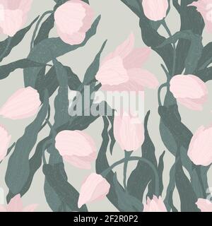 Nahtloses Muster von rosa Tulpenblüten auf hellgrünem Hintergrund. Vektorgrafik. Ideal für Verpackung, Textil- oder Druckdesign. Symbol des Springtim Stock Vektor