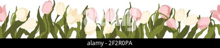 Nahtlose Grenze der Tulpen Blumen. Vektorgrafik, Hintergrund, Muster, Druck für Verpackungspapier, Postkarten, Textilien. Rahmen mit farbenfroher Tulpe Stock Vektor