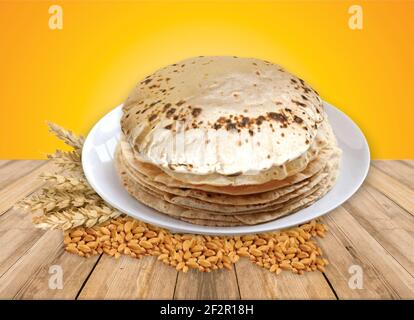 Chapati, Tava Roti auch als indisches Brot oder Fulka, phulka bekannt. Hauptbestandteil des Mittagessens, des Abendessens in Indien, Pakistan. Selektiver Fokus Stockfoto