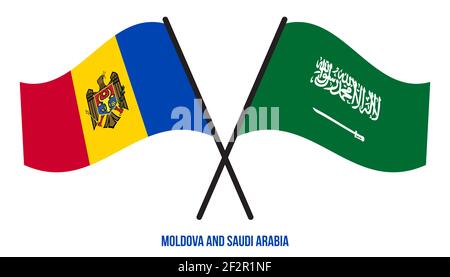 Moldawien und Saudi-Arabien Flaggen gekreuzt und winken Flat Style. Offizieller Anteil. Korrekte Farben. Stockfoto