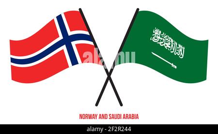 Norwegen und Saudi-Arabien Flaggen gekreuzt und winken Flat Style. Offizieller Anteil. Korrekte Farben. Stockfoto