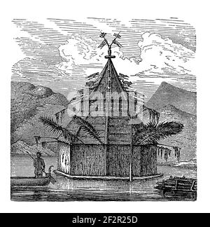 Antike 19th-Jahrhundert-Illustration eines Tempels in Neuguinea. Gravur veröffentlicht in Systematischer Bilder-Atlas zum Conversations-Lexikon, Ikonographii Stockfoto