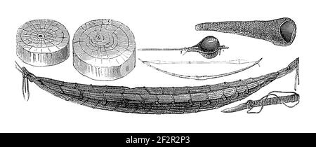 19th-Jahrhundert Gravur von Botocudo Artefakte. Illustration erschienen in Systematischer Bilder-Atlas zum Conversations-Lexikon, Ikonographische Encyklo Stockfoto