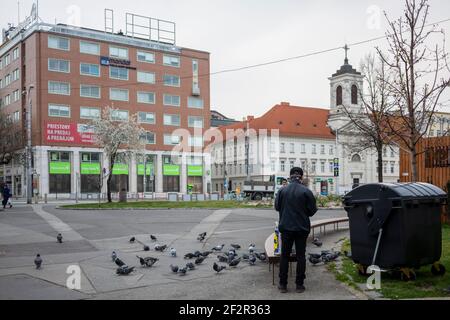 Ein Mann, der Tauben auf einem Platz füttert, der von der Sperre geleert wurde. Stockfoto