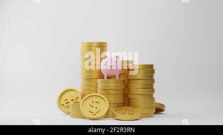 3D Rendern. Stapel von Dollar-Münzen mit rosa Sparschwein auf weißem Hintergrund. Idee für Unternehmen finanzielle und Geld sparen. Stockfoto