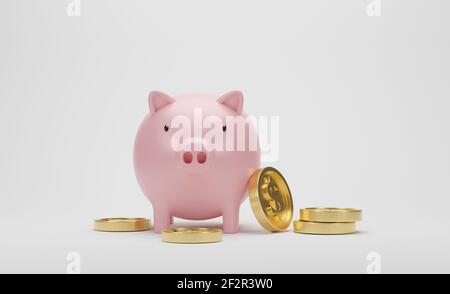 3D Rendern. Goldene Dollar-Münzen mit rosa Sparschwein auf weißem Hintergrund. Idee für Unternehmen finanzielle und Geld sparen. Stockfoto