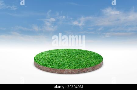 3D Rendering, Kreis Podium der Landwiese. Bodenquerschnitt mit grünem Gras über blauem Himmel Hintergrund. Stockfoto