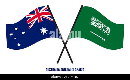 Australien und Saudi-Arabien Flaggen gekreuzt und winken Flat Style. Offizieller Anteil. Korrekte Farben. Stockfoto