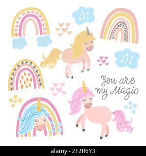 Set aus niedlichen Einhörnern, Regenbogen, Wolken und Schriftzug - du bist meine Magie. Vektorgrafiken, zarte Pastellfarben, für die Gestaltung von Plakaten, Abdeckungen Stock Vektor