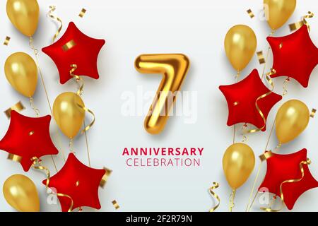 7 Jubiläumsfeier Zahl in Form Stern aus goldenen und roten Luftballons. Realistische 3D Goldzahlen und funkelndes Konfetti, Serpentin. Vektor Stock Vektor