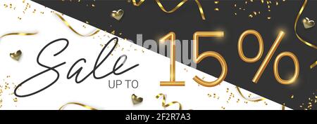 15 Rabatt Promotion Verkauf von realistischen 3D Gold-Nummer mit Sepantine und Lametta. Vektor Stock Vektor