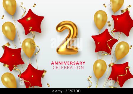 2 Jubiläumsfeier Zahl in Form Stern aus goldenen und roten Luftballons. Realistische 3D Goldzahlen und funkelndes Konfetti, Serpentin. Vektor Stock Vektor