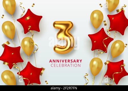 3 Jubiläumsfeier Zahl in Form Stern aus goldenen und roten Luftballons. Realistische 3D Goldzahlen und funkelndes Konfetti, Serpentin. Vektor Stock Vektor