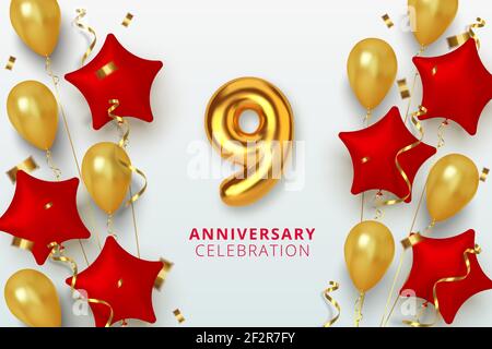 9 Jubiläumsfeier Zahl in Form Stern aus goldenen und roten Luftballons. Realistische 3D Goldzahlen und funkelndes Konfetti, Serpentin. Vektor Stock Vektor