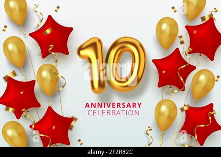 10 Jubiläumsfeier Zahl in Form Stern aus goldenen und roten Luftballons. Realistische 3D Goldzahlen und funkelndes Konfetti, Serpentin. Vektor Stock Vektor