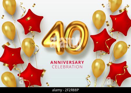 40 Jubiläumsfeier Zahl in Form Stern aus goldenen und roten Luftballons. Realistische 3D Goldzahlen und funkelndes Konfetti, Serpentin. Vektor Stock Vektor