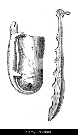 Antike Gravur von indischen Artefakten. Illustration erschienen in Systematischer Bilder-Atlas zum Conversations-Lexikon, Ikonographische Encyklopedie Stockfoto