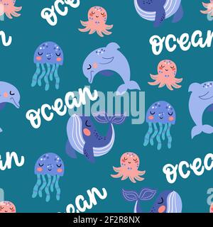 Nahtloses Muster mit dem Bild von niedlichen Meerestieren in Vektorgrafiken. Für die Gestaltung von Drucken auf Stoffen, Babykleidung, Abdeckungen, Geschenkpapier Stock Vektor