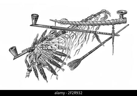 Antike Gravur von Sioux-Artefakten aus dem 19th. Jahrhundert. Illustration erschienen in Systematischer Bilder-Atlas zum Conversations-Lexikon, Ikonographische en Stockfoto