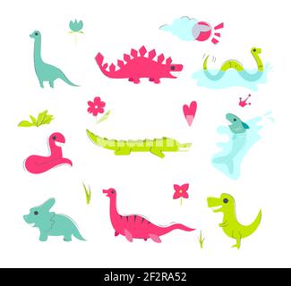 Handgezeichnete Dinosaurier, tropische Blätter und Blumen. Niedliche Dino-Designelemente. Vektorgrafik. Stock Vektor