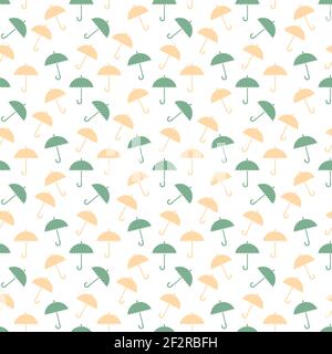 Nahtloses Muster mit bunten Regenschirmen in Aquarell. Abstrakte Regenschirme in Grün und Orange auf weißem Hintergrund. Vektor. Stock Vektor