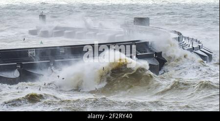 Brighton UK 13th March 2021 - riesige Wellen brechen über Brighton Marina ab, als starke Winde heute wieder die Südküste schlagen : Credit Simon Dack / Alamy Live News Stockfoto