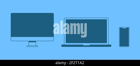 Ehrfürchtige flache Design-Vorlage mit blauem Gerät auf blauem Hintergrund. Symbolvektor für Telefon, Laptop, Desktop-PC Stock Vektor
