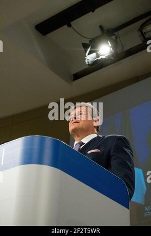 Pressekonferenz mit Vizepräsident Maros Sefcovic, Kommissar Thierry Breton, dem französischen Wirtschafts- und Finanzminister Bruno Le Maire (in videoconfe Stockfoto