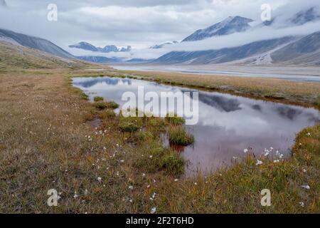 Dramatische Landschaft von wilden, abgelegenen Tal im hohen Norden an einem bewölkten, regnerischen Tag. Mount Asgard in der Ferne. Dunst und Herbstfarben an den Ufern Stockfoto