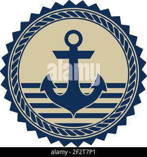 Anker Symbol Vektor, nautisches Seil in marine blau und beige Farbe. Übersichtlich einfaches Design auf isoliertem weißen Rücken. Stock Vektor